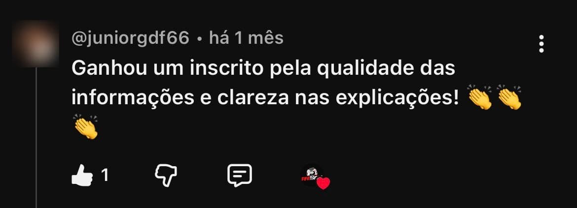 Comentário de @juniorgdf66 no YouTube: “Ganhou um inscrito pela qualidade das informações e clareza nas explicações!”