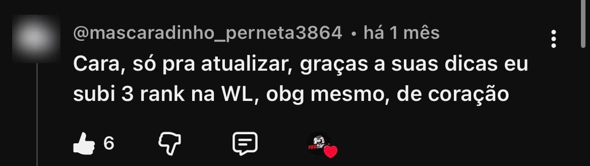 Comentário de @mascaradinho_perneta3864 no YouTube: “Cara, só pra atualizar, graças a suas dicas eu subi 3 rank na WL, obg mesmo, de coração”