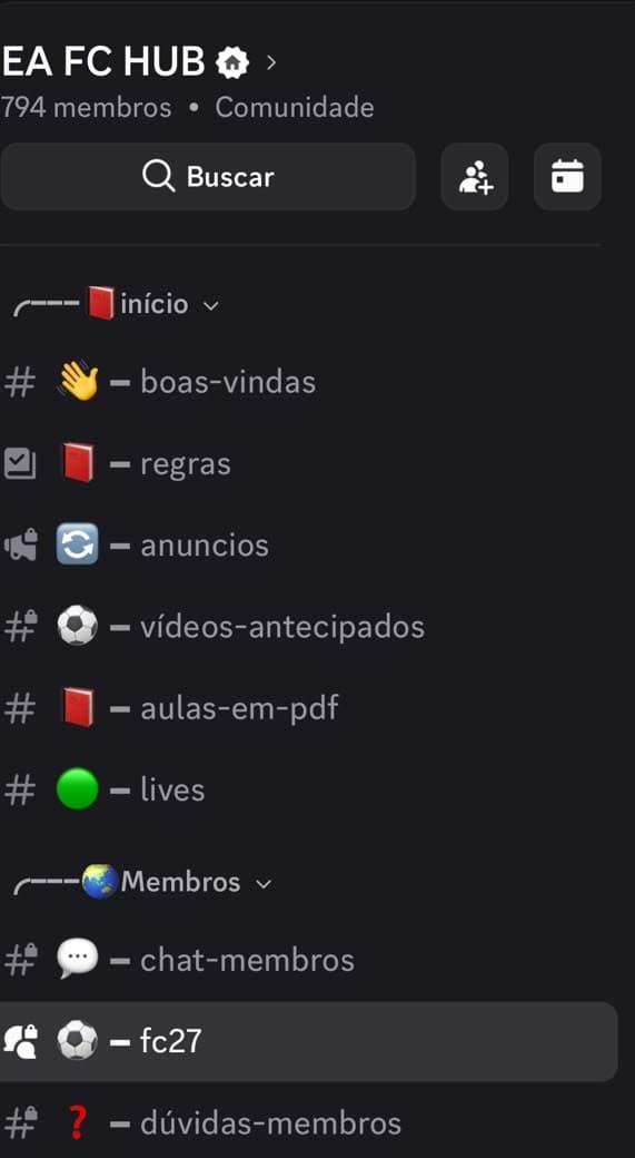 Lista de canais do servidor EA FC HUB no Discord, com 794 membros e canais separados por categoria: boas-vindas, regras, anúncios, vídeos-antecipados, aulas-em-pdf e lives na seção de início; chat-membros, fc27 e dúvidas-membros na seção de membros