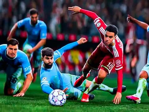 Atacante passando por dois defensores em disputa de bola no EA FC
